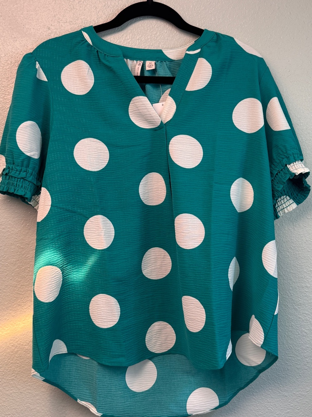 Cato Teal and White Polka Dot V-Neck Top